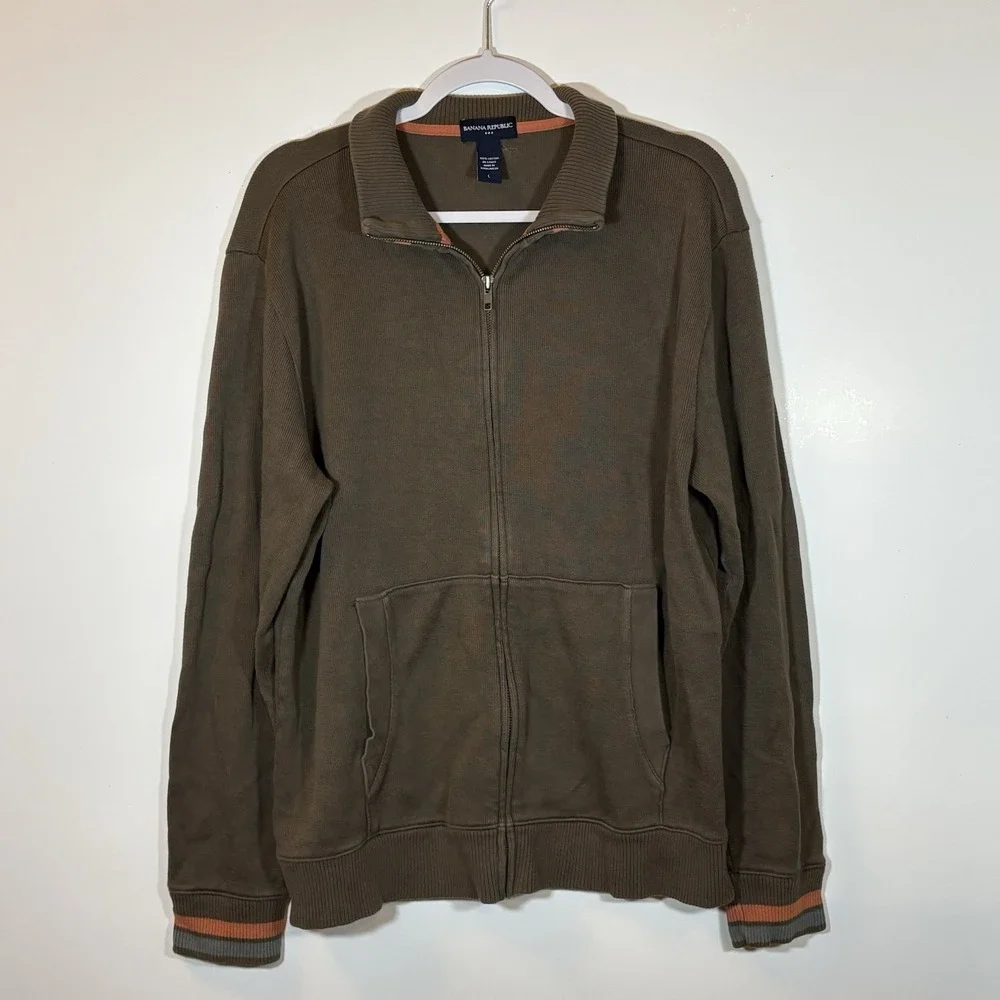 Banana Republic Men's Full Zip‎ Brown Sweater Size Large 100% Cotton Long Sleeve